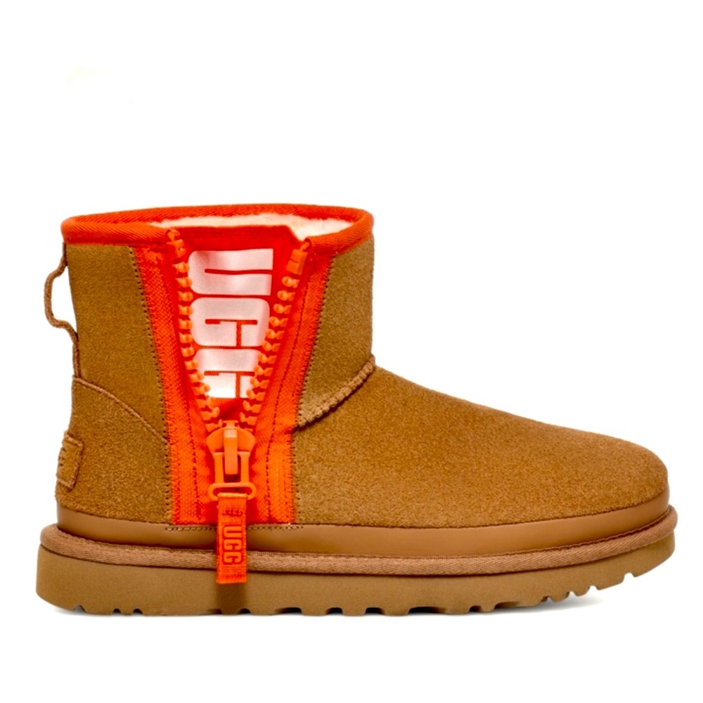 UGG Women’s Boots Mini Zipper Tape Logo Bootie Size 6 Classic Fashion Chestnut